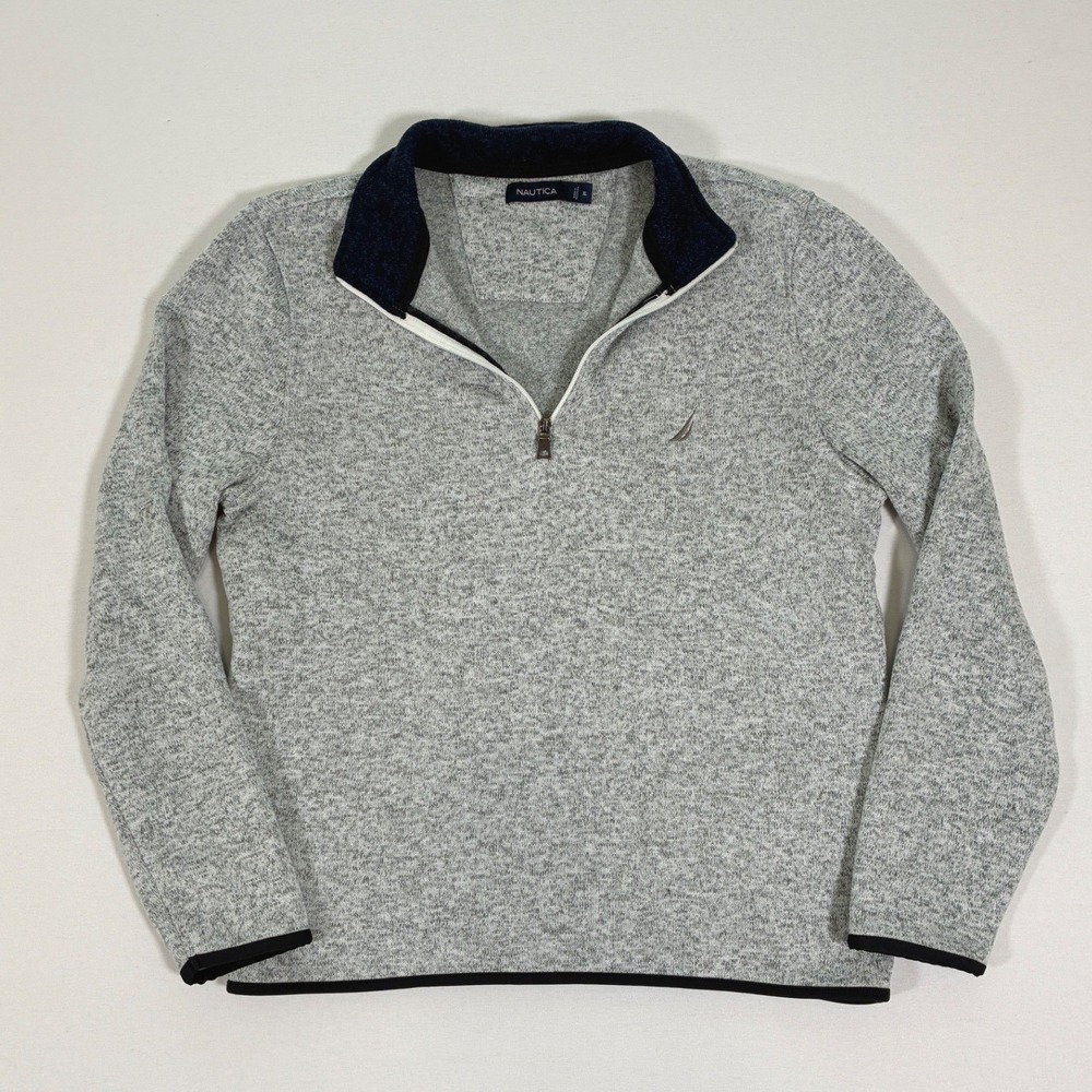 Nautica Mens XL Gray Heather Quarter Zip Sweater Navy Trim Mock Neck